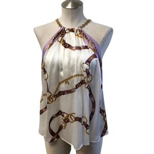 L'AGENCE Halter Top Womens Large L White Lavender Equestrian Chain Scarf Print